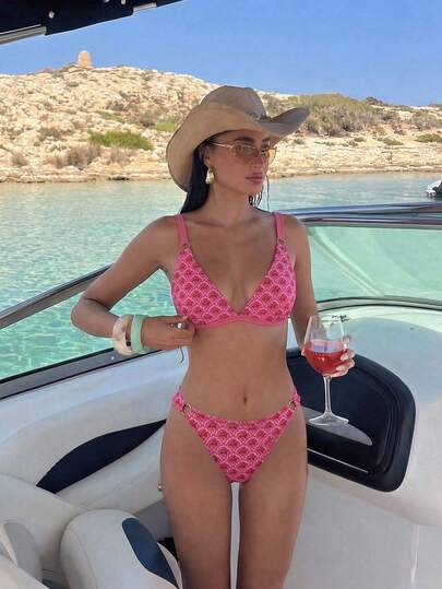 Bonvoyette 2pcs/Set Women's Floral Side High Cut Thong Bikini Swimwear, Beach Resort Pink Bikini Print Bikini Vacation Bikini Bikini Set Boat Party Outfit Women