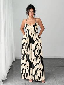 Elenzga Bộ jumpsuit nữ cỡ lớn thanh lịch in hoa, dây đeo có thể điều chỉnh, eo thắt, kiểu dáng thời trang cho đầu xuân. - Màu be - Xem 7
