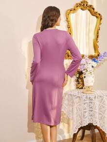 Côtesoire Women's Elegant Contrast Lace Ruffle Hem Nightgown, Autumn - Dusty Pink - View 2