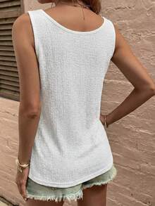 EMERY ROSE Women's Solid Color Round Neck Button Design Casual Tank Top - White - View 2