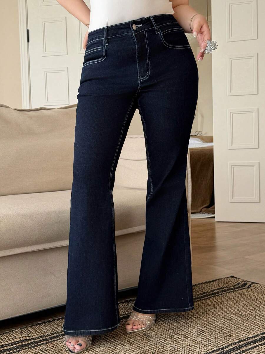 Dazy Plus Dark Wash Blue Elastic Skinny Flare Jeans, All Season - Dark Wash - View 1