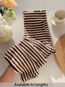 SHEIN Tall CURVE Quần ống đứng cạp cao kẻ sọc cỡ lớn, quần kẻ sọc mùa thu, quần dệt kim, quần ống rộng, quần palazzo kẻ sọc cho nữ, quần dệt kim kẻ sọc, thích hợp mặc hàng ngày, đi làm, đi học, đi dạy, họp hành, đi chơi, quần ống rộng kẻ sọc thoải mái, quần nữ mùa xuân, quần nữ thường ngày, quần kẻ sọc màu nâu. - Cà phê nâu - Xem 6