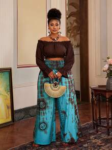 Maweii Plus Size Placement Print Cinched Waist Loose Casual Vacation Pants - Multicolor - View 5