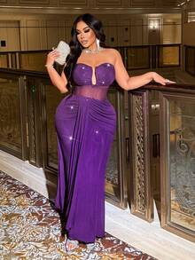 NU&NOW Plus Size Women Sexy Party Sheer Mesh Sequin Cocktail Dress, Suitable For Party, Banquet, Birthday Celebration - Purple - View 2