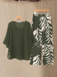 SHEIN LUNE CURVE 两件套加大码女式雪纺蝙蝠袖套装 - 軍綠色 - 查看 1