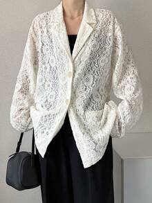 FRIFUL Women's Floral Lace Lapel NeckLong Sleeve Single-Breasted Elegant Blazer - White - View 5