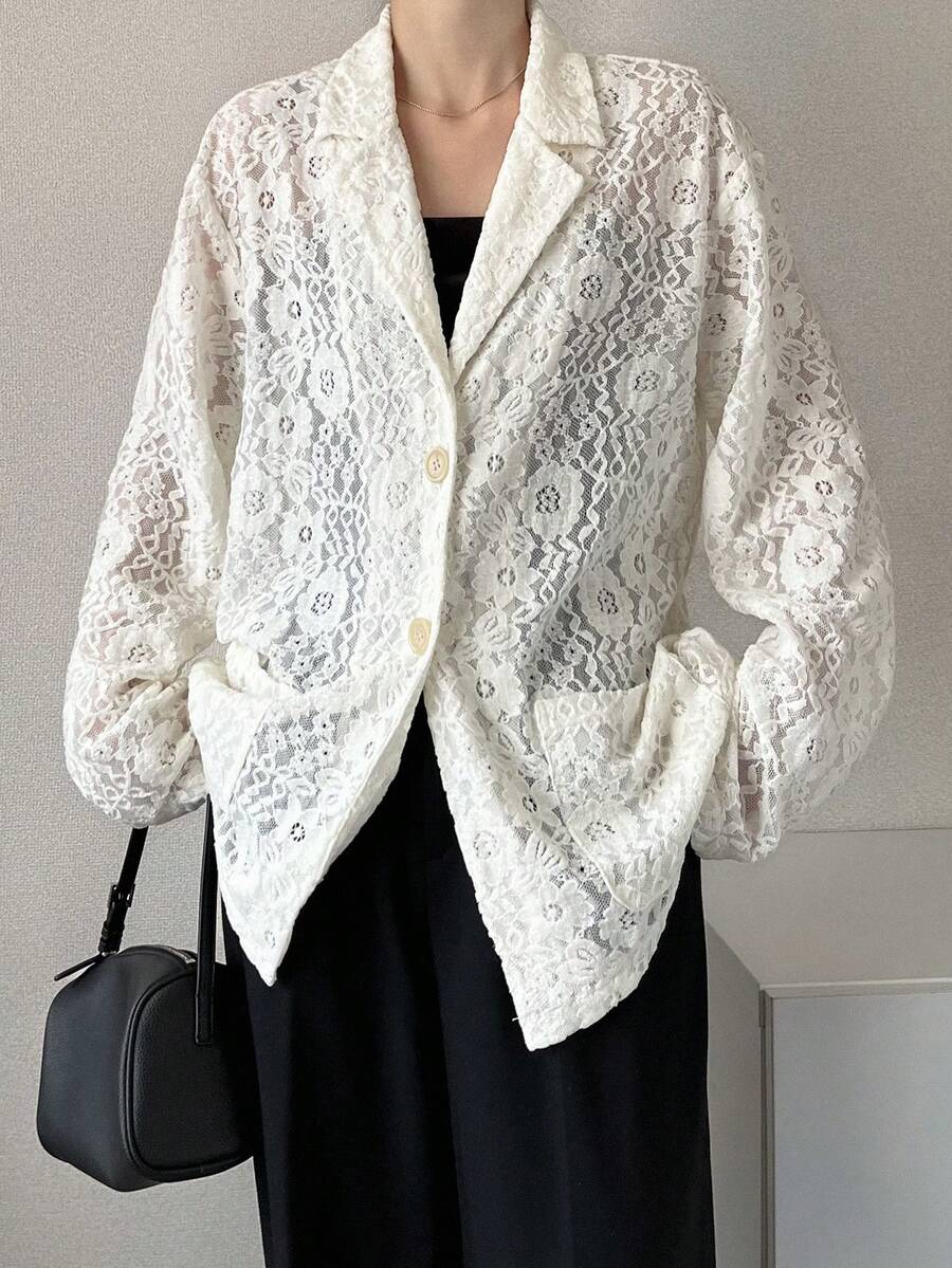 FRIFUL Women's Floral Lace Lapel NeckLong Sleeve Single-Breasted Elegant Blazer - White - View 1