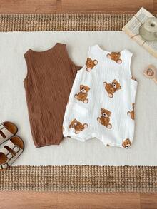 SHEIN Set de 2 piezas de pelele sin mangas con estampado de oso lindo para bebé recién nacido niño/niña, para verano - Marrón - Ver 2