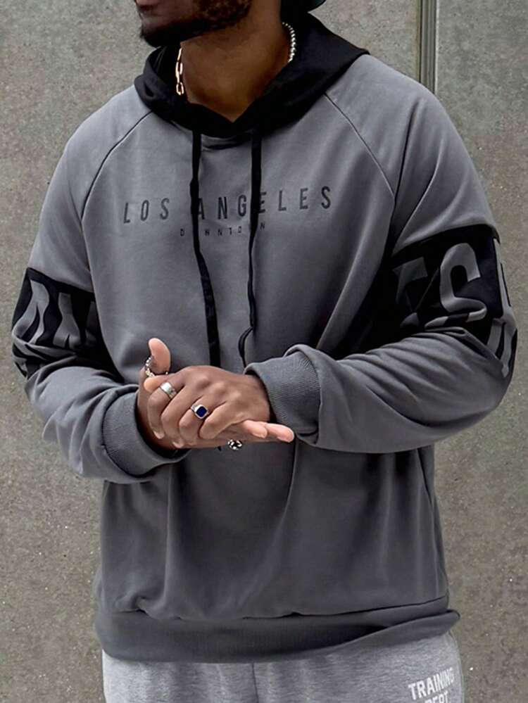 Heavens Edit 男士时尚撞色连帽卫衣，秋季款，长袖上衣 - 深灰色 - 查看 6