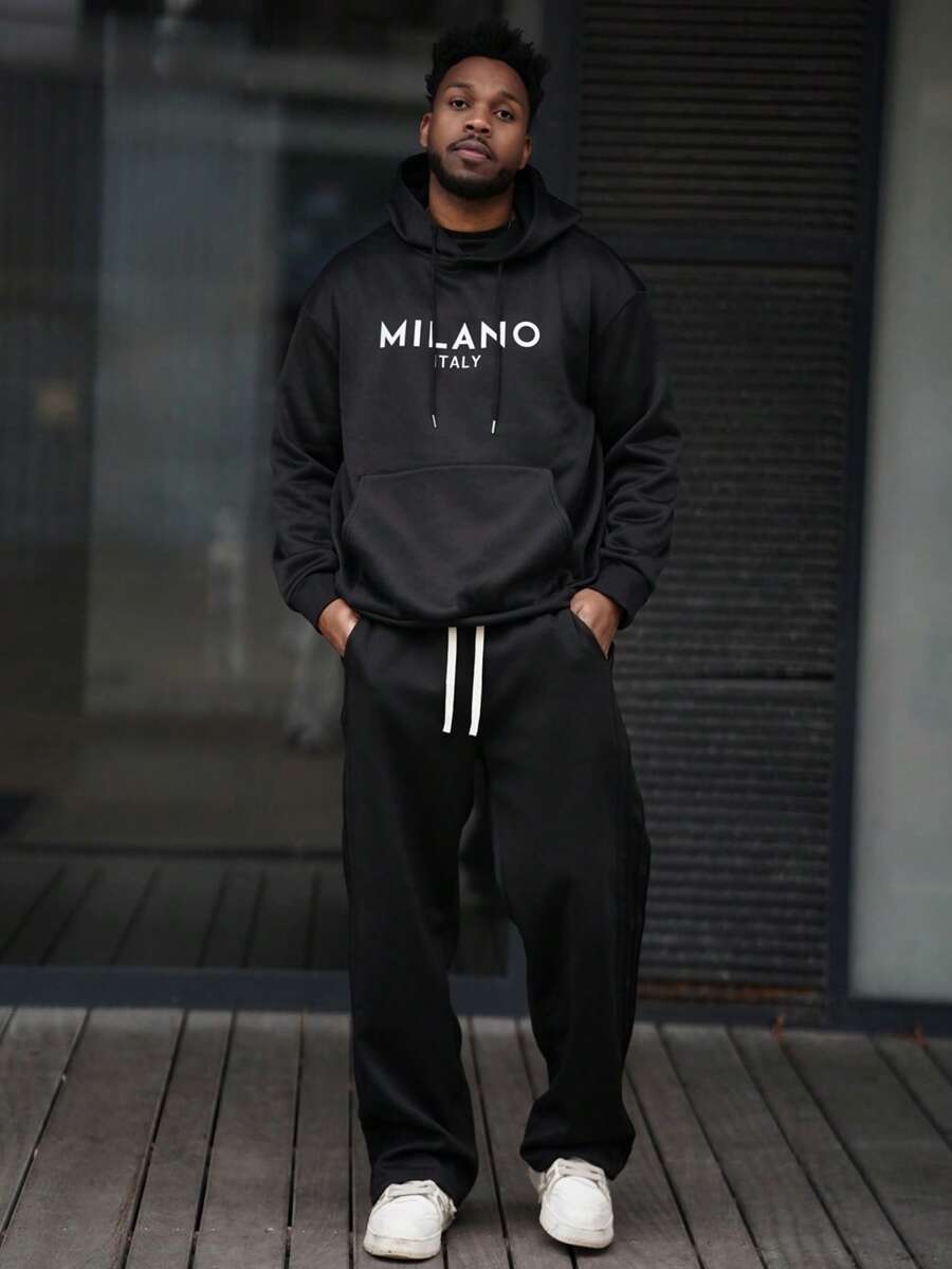 Heavens Edit 男士创意印花字母图案休闲运动通勤多功能保暖连帽卫衣，Emo风格，2000年代风格，秋冬季长袖上衣 - 黑色 - 查看 1