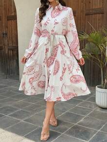 Vivie Lora Women's Patterned Allover Print Collared Waist-Cinched Mid-Length Dress Sundress Vacation - Baby Pink - View 2
