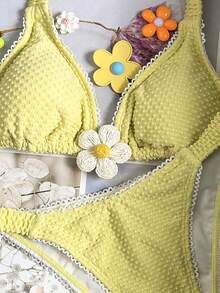Swim Mod Damen-Bikini aus blassgelbem Badeanzugstoff mit Trägern, schlichtem Design, hoch geschnittenem Unterteil und Schnürdetails - Gänsegelb - Übersicht 2