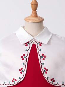 SHEIN 女童针织开衫披肩斗篷+红色吊带连衣裙两件套公主裙，女童翻领斗篷外套收腰公主裙套装，优雅淑女气质~ - 紅色 - 查看 4