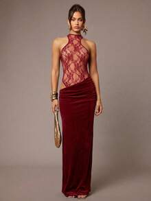 Silquee 纯色蕾丝拼接透视无袖性感迷你连衣裙，秋冬款 - 酒紅色 - 查看 3