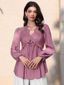 Mulvari Women's Lace Trim Tie Front Lantern Sleeve Casual Blouse, Versatile For Dates And Outings - Purple - View 2