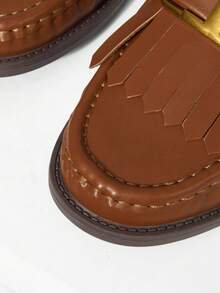 Mnmlis Women's Retro British Style Commuter Vintage Gold Buckle Brown Round Toe Flat Thick Heel Slip-On Loafers Casual Shoes Valentine's Day - Brown - View 6