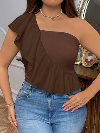 SHEIN Privé Plus Size Women Elegant Vacation Ruffle Trim Bandeau Top