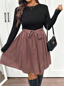 SHEIN Frenchy 大码女式高领黑色针织长袖上衣搭配卡其色灯芯绒A字裙，适合日常穿着、约会等场合，时尚百搭。 - 彩色 - 查看 2