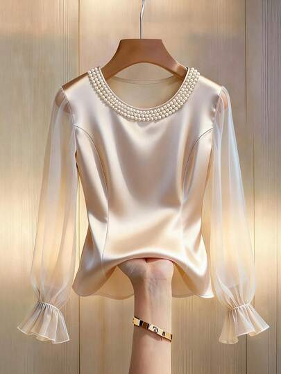 GlowEve CURVE Plus Size Women Solid Color Satin Faux Pearl Decor Long Sleeve Blouse