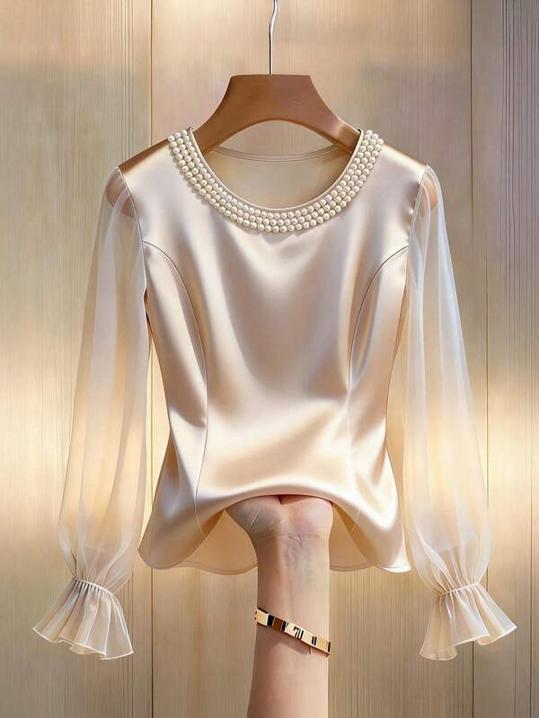 GlowEve CURVE Plus Size Women Solid Color Satin Faux Pearl Decor Long Sleeve Blouse