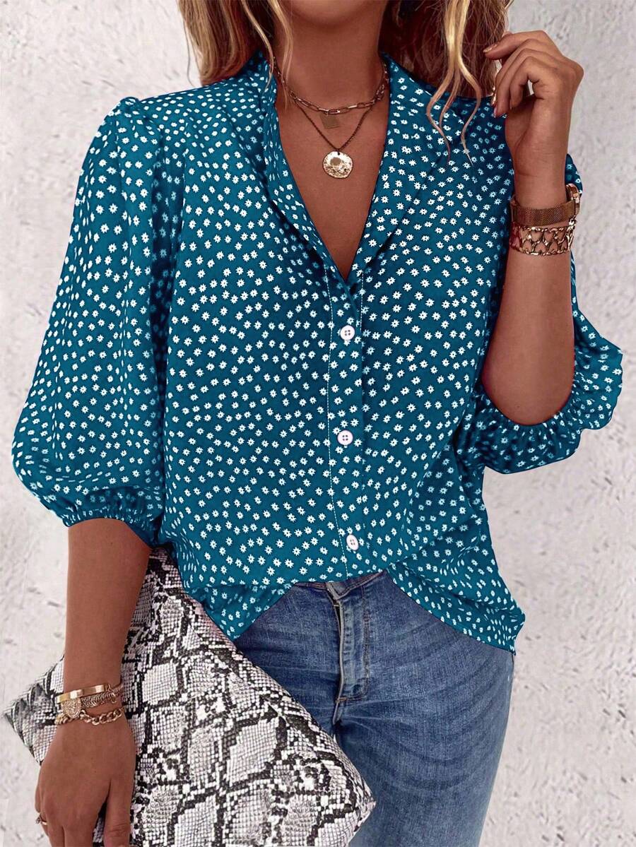 EMERY ROSE 花卉图案单扣休闲日常中袖衬衫，适合新年穿着 - 霧霾藍 - 查看 1