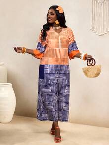 SHEIN BamGlam Bộ áo liền quần nữ kẻ sọc nhiều màu, dáng rộng, thoải mái cho kỳ nghỉ. - Nhiều màu - Xem 4