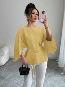 Rafferiza Áo cánh kiểu Pháp cổ tròn tay cánh dơi buộc eo màu đỏ bóng cho nữ, Xuân/Hè - Màu vàng - Xem 4