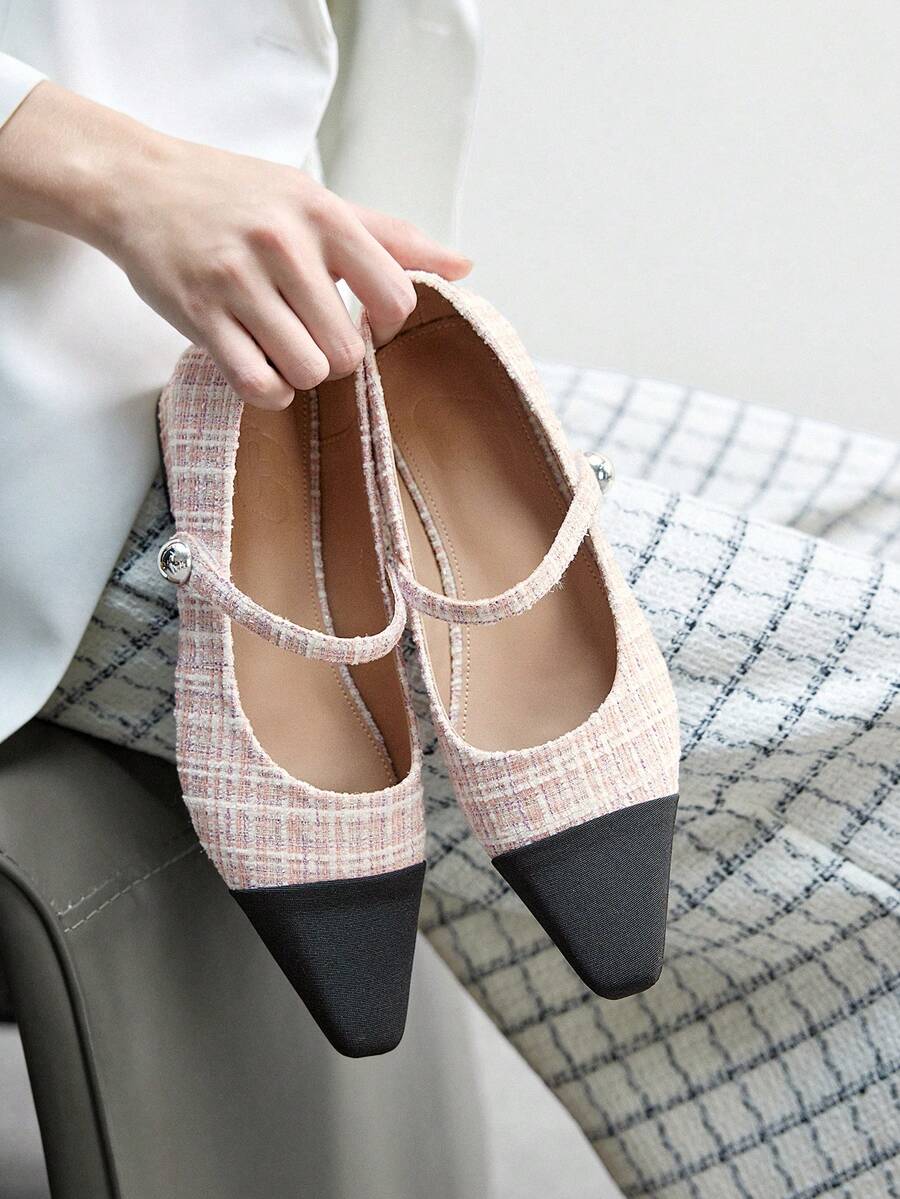 CUCCOO BIZCHIC 女士新款灰色法式低跟尖头简约时尚针织玛丽珍鞋,圣诞节必备 - 粉色格子 - 查看 1