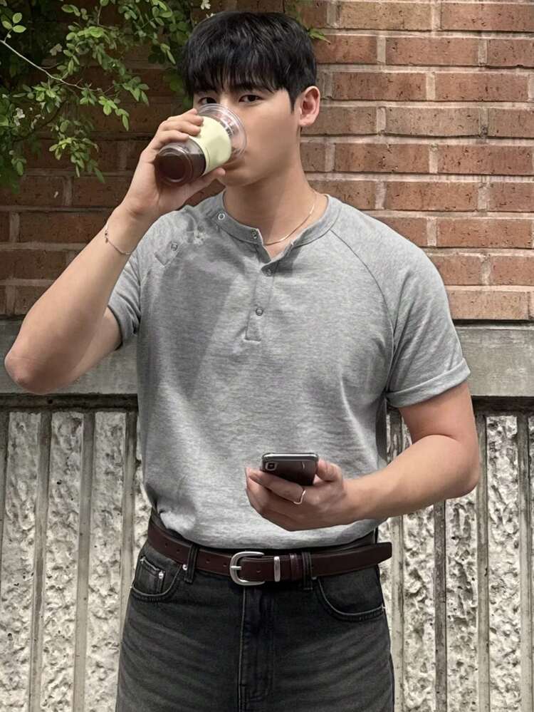 Men's Solid Gray Double Placket Design Street Style T-Shirt, Summer