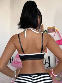 Eraneu Contrast Rib Knit Elegant & Comfortable Camisole Bra Lingerie - Black - View 2