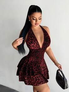 SHEIN SXY 豹纹荷叶边露背无袖连衣裙 - 紅色 - 查看 4