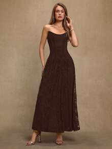 SHEIN BAE 黑色蕾丝无袖V领开衩褶皱连衣裙，适合鸡尾酒会、浪漫约会、秋冬叠穿、派对、正式聚会、夜店、万圣节、圣诞节等场合。 - 咖啡棕 - 查看 1