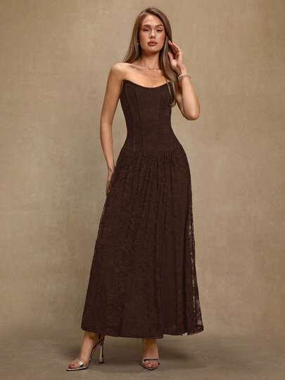 SHEIN BAE 黑色蕾丝无袖V领开衩褶皱连衣裙，适合鸡尾酒会、浪漫约会、秋冬叠穿、派对、正式聚会、夜店、万圣节、圣诞节等场合。