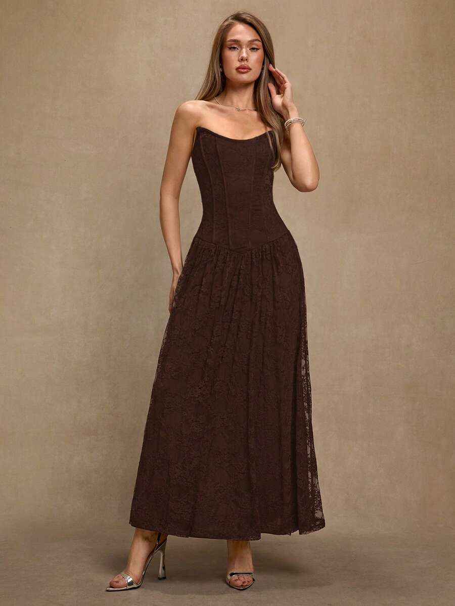 SHEIN BAE 黑色蕾丝无袖V领开衩褶皱连衣裙，适合鸡尾酒会、浪漫约会、秋冬叠穿、派对、正式聚会、夜店、万圣节、圣诞节等场合。 - 咖啡棕 - 查看 1