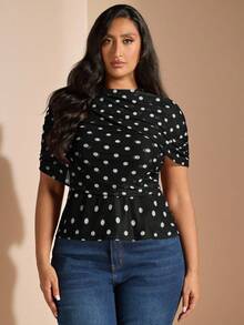 SHEIN BAE 大码女式复古休闲度假风波点印花蝙蝠袖修身T恤 - 黑色 - 查看 5