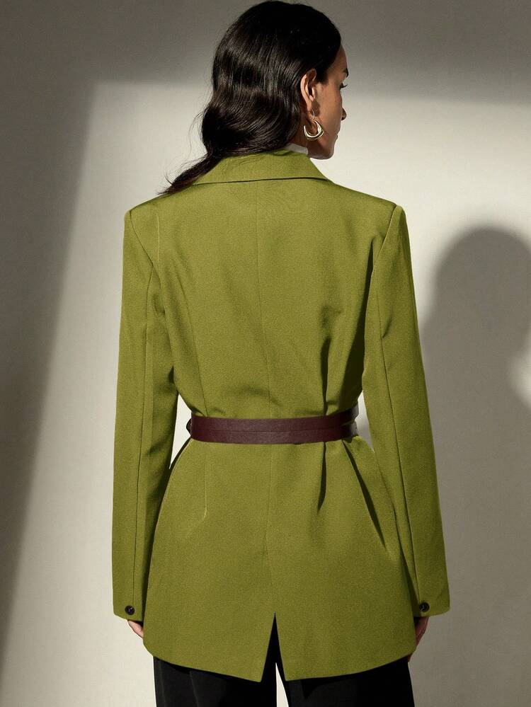 Aveloria Modichic 女士翻领宽松长袖西装外套，配双腰带 - 綠色 - 查看 2