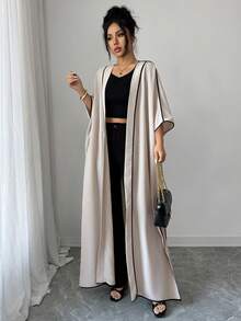 SHEIN Elenzya Black Contrast Trim Patchwork Loose Front Open Jacket - Khaki - View 3