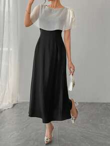 DAZY Women's Round Neck Mesh Shawl Patchwork Elegant Waist Cinched Long Party Dress - Black - View 3