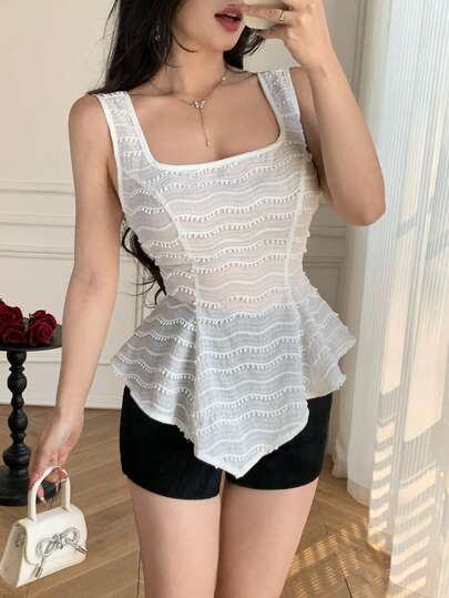 Celisse Elegant Fashionable Vacation Square Collar Sleeveless Waist Asymmetrical Hem Women Blouse, Summer