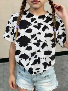 Camiseta informal y elegante con estampado de vaca para niñas, de verano - Multicolor - Ver 4