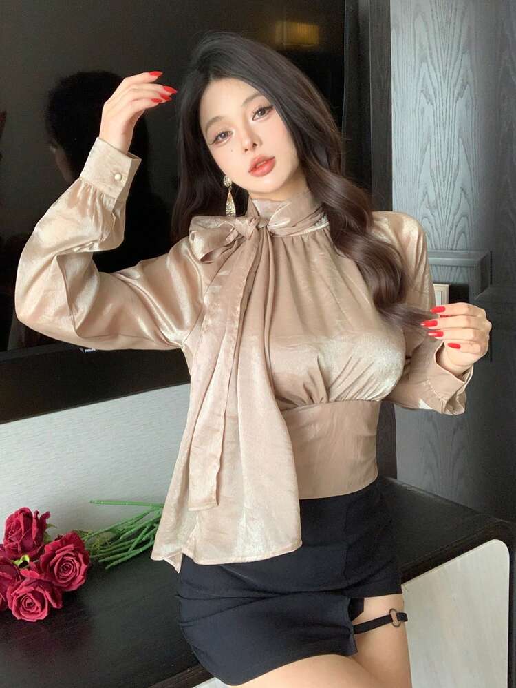 Satin Ribbon Collar Short Blouse, Elegant For Casual, Beach, Wedding, Commute, Spring/Summer Long Sleeve