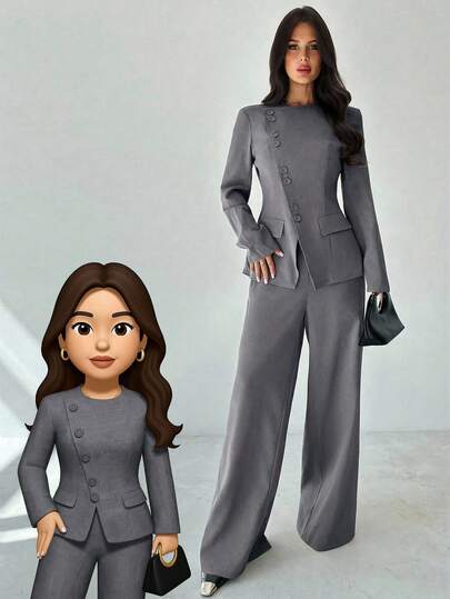 Firerie Women's Elegant Commuter Daily Versatile Street Fashion New Asymmetric Lapel Button Waist Long Sleeve Blazer And High Waist Pants Khaki Gray 2 Pieces Suit Set, Autumn/Winter