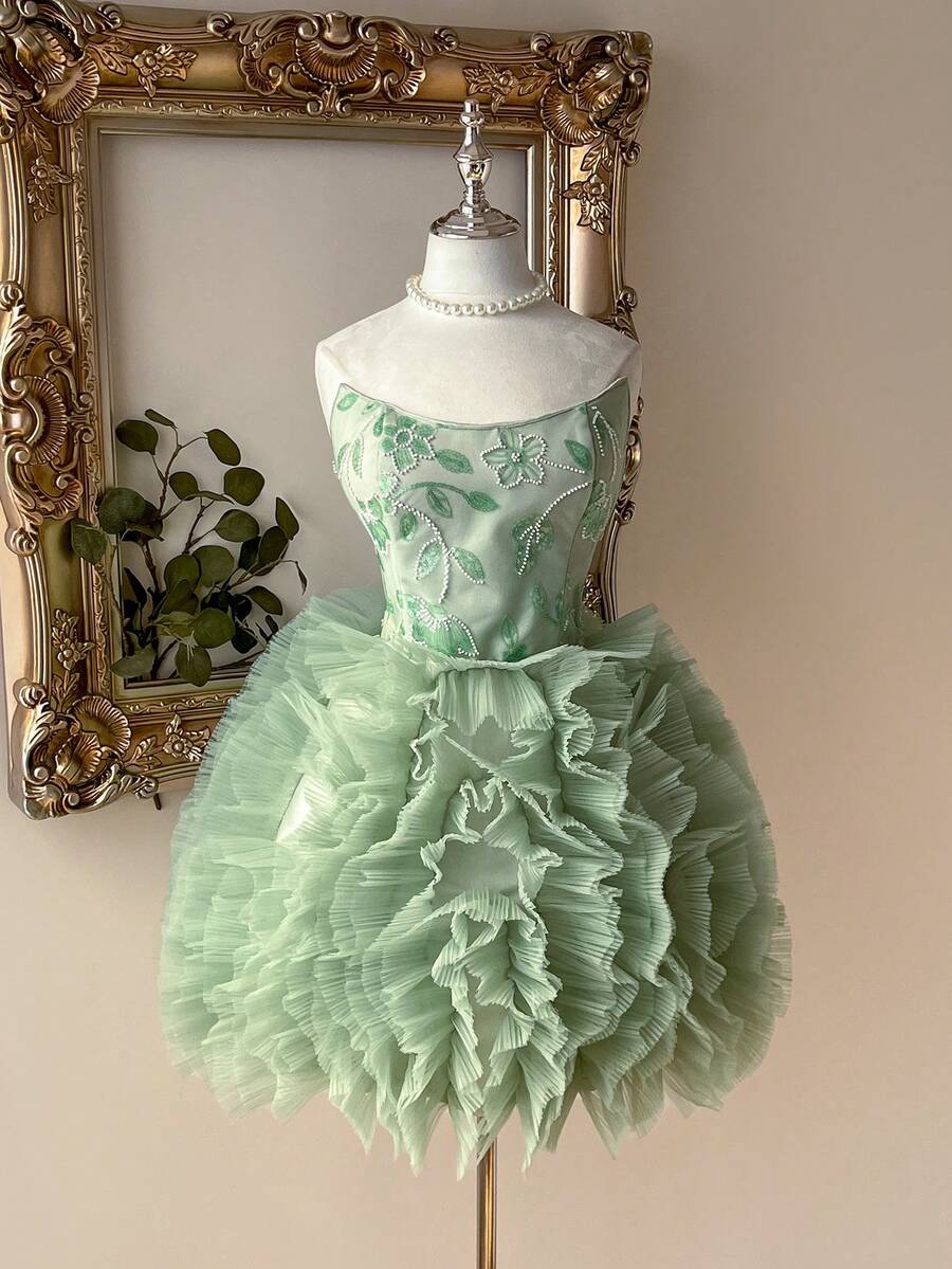 Lovelzi Elegant & Luxurious Wine Red Sequin Embroidery Mesh Puff A-Line Ballgown - Green - View 1
