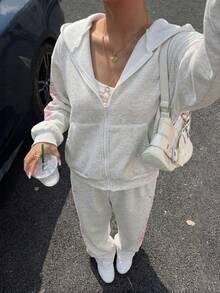 Muchica 2pcs/Set Women Pink Knitted Hoodie Top And Pants - Light Grey - View 5