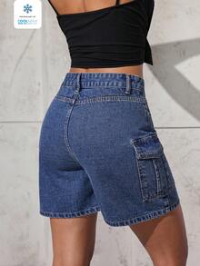 Quần short denim nữ dáng rộng, thoải mái, có túi hộp. - Màu xanh hải quân - Xem 2