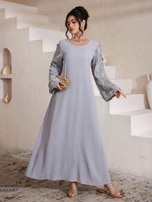 Al Najma 新款纯色花卉蕾丝女士睡袍，优雅土耳其风格睡袍 - 灰色 - 查看 4