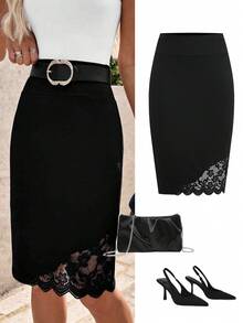 SHEIN Clasi 女士优雅撞色蕾丝修身铅笔裙，黑色休闲夏季女装，女士休闲优雅中长裙，修身，弹力，百搭，经典，适合办公室穿着，教师服装 - 黑色 - 查看 2