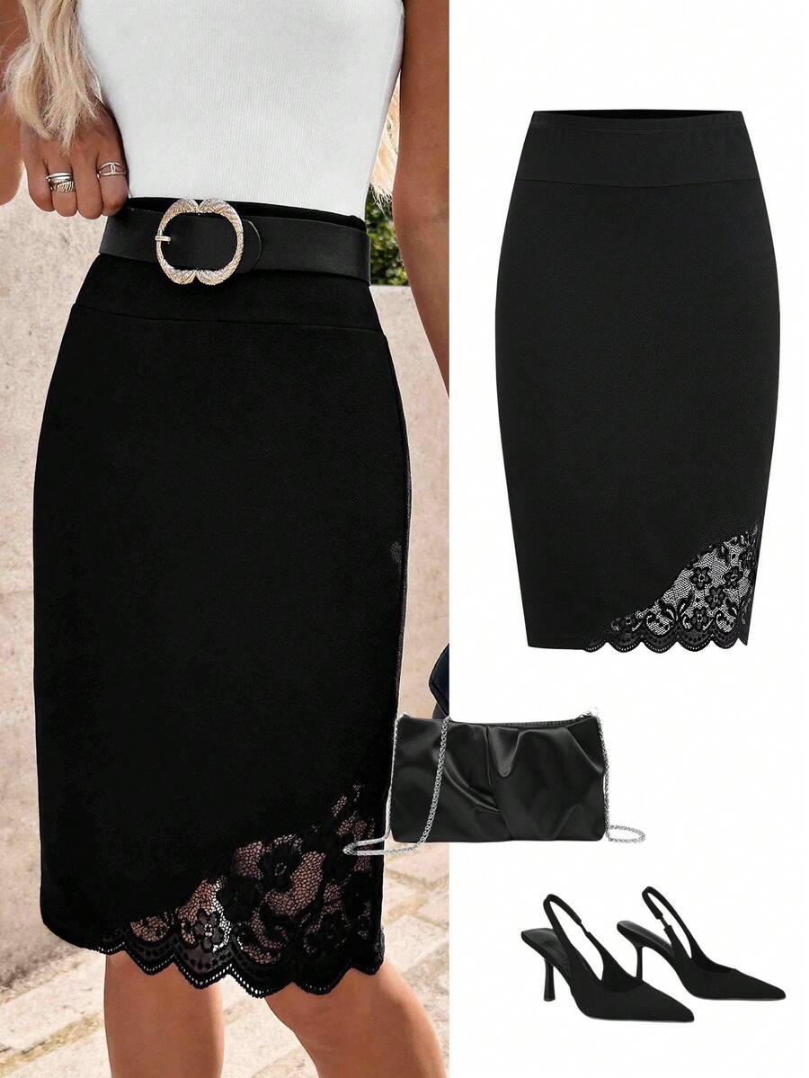SHEIN Clasi 女士优雅撞色蕾丝修身铅笔裙，黑色休闲夏季女装，女士休闲优雅中长裙，修身，弹力，百搭，经典，适合办公室穿着，教师服装