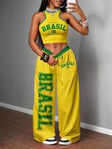 Slaydiva Bộ 2 món dành cho nữ, kiểu dáng thường ngày, gồm áo hai dây ôm sát và quần ống rộng, phù hợp cho dạo phố, các sự kiện thời trang đường phố. - Nhiều màu - Xem 4