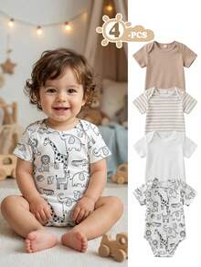 SHEIN Vintaside Kids 4pcs/Set Baby Boy/Girl Cute Knitted Elastic Striped Short Sleeve Rompers, Basic Bodysuits, Spring/Summer - Multicolor - View 1